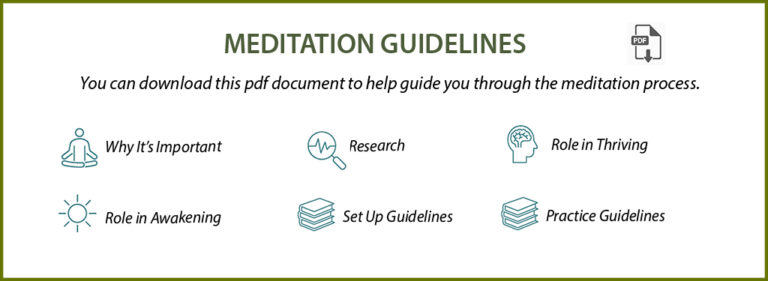 Meditation Guidelines - download the PDF to help guide you through the meditation process. Notes on why it's important, research, meditation's role in thriving and awakening, set up and practice guidelines