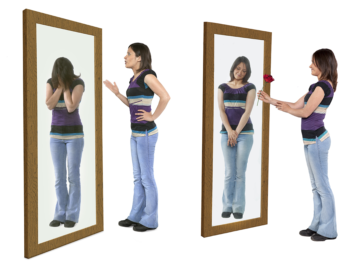 On left side, woman talking harshly to self in a mirror. On the right, the same woman is offering a flower to herself in the new mirror