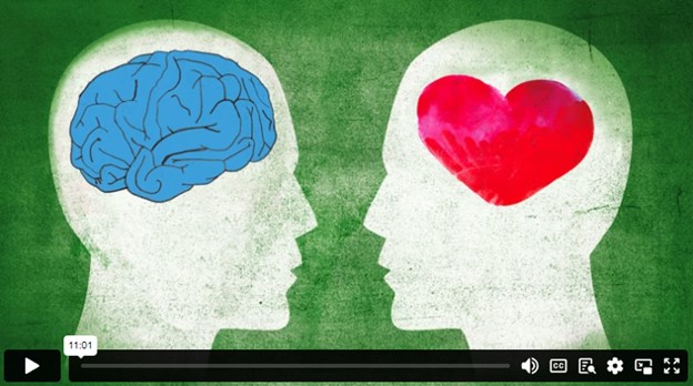 Drawings of two heads looking at each other with one having the brain highlighted and the other has the heart highlighted