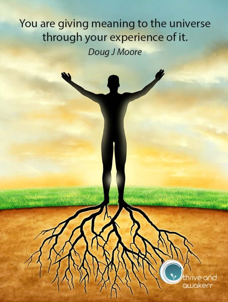 Silhouette of a person with outstretched arms and feet going into the earth like roots of a tree