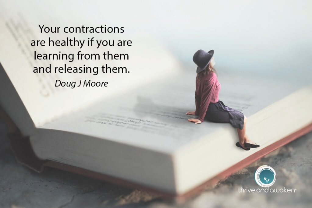 Small person sitting in a large open book with quote from Doug: Your contractions are healthy if you are learning from them and releasing them