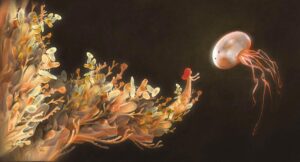 Jellyfish floating near a tiny little girl embedded in seaweed reaching out to it.